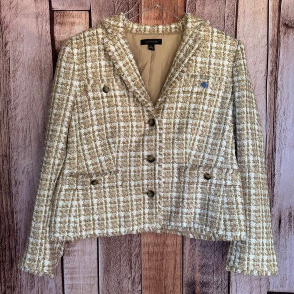 Ann Taylor Blazer Tweed Plaid Jacket 14P Petite Work Fall Academia Minimalist